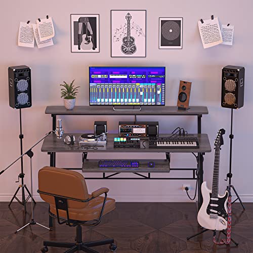 armocity 47'' Music Studio Desk with Power Outlet, Studio Desk for Music Production, Recording Studio Desk for Producer, Studio Workstation Desk for Music Recording, Piano Tray, Raised Stand, Oak