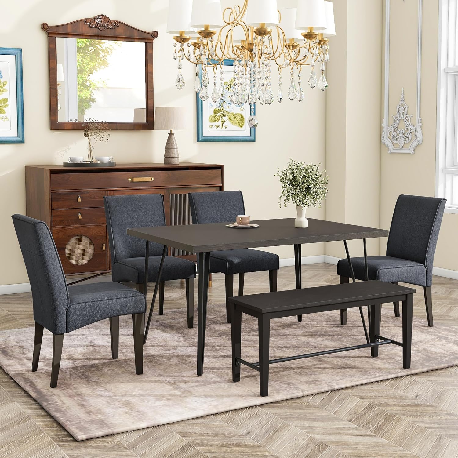 Rectangular Modern 6-Piece Dining Table Set for 6 with V-Shape Metal Legs,4 Upholstered Chairs and Bench, Espresso