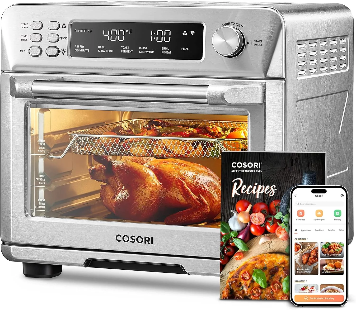 COSORI Smart 12-in-1 Air Fryer Toaster Oven Combo Convection Rotisserie & Dehydrator for Chicken, Pizza and Cookies, Recipe&Accessories Included, 30L, Silver – A Certified for Humans Device