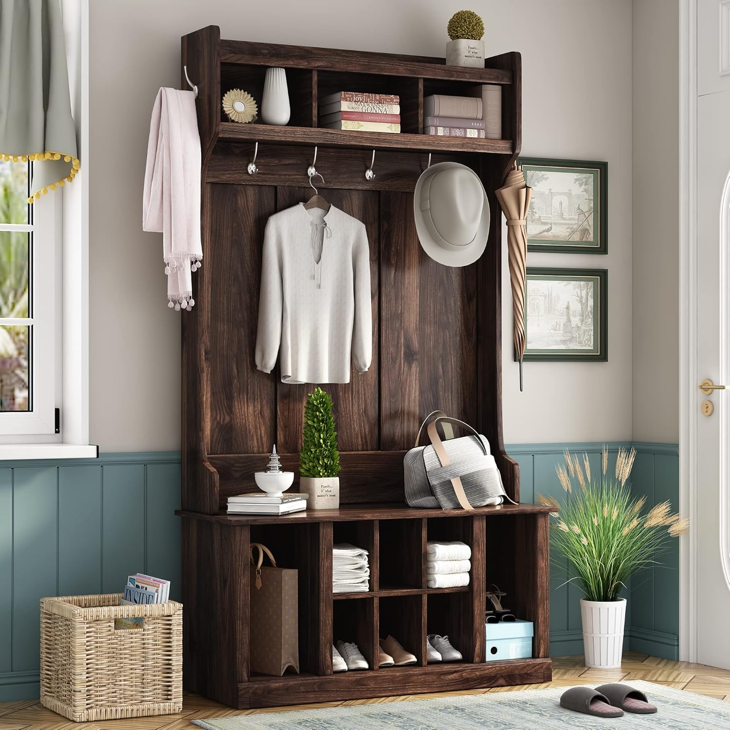 Merax Hall Tree Entryway Bench Coat Hanger with 6 Hooks and Storage Cabinet for Entrance, Hallway or Living Room, Tiger