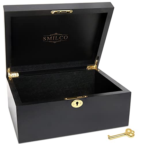 Smilco Wooden Box with Hinged Lid Acacia Wood Decorative Storage Boxes Hand-Crafted Wooden Box for Recipes Decorative Storage or as Keepsake.(Black)