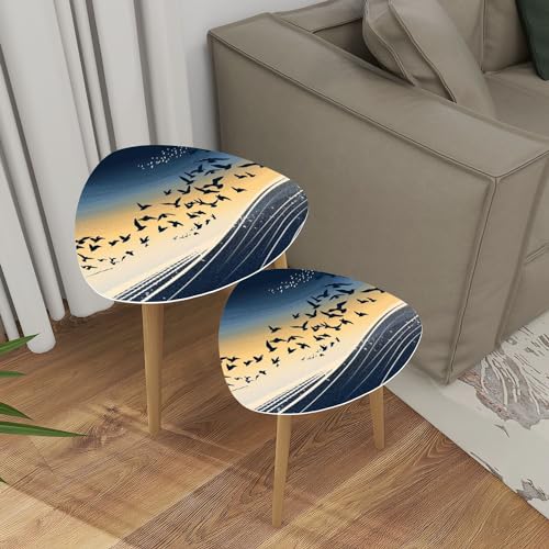 Triangle Nesting Coffee Table Set of 2 Abstract Coastal Sunrise Art Navy to Golden Gradient Modern Minimalist Side Table Small End Table Leisure Tea Table Living Room Bedroom Office