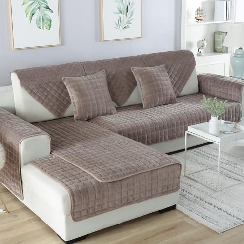 Velvet Couch Cover,Anti-Slip Sectional Couch Covers,Reversible Quilted Corner Furniture Cover,Sofa Slipcover for Dogs Cats Pet,Washable Recliner Sofa Cover,Only 1 Piece/Not All Set,Light Brown-35
