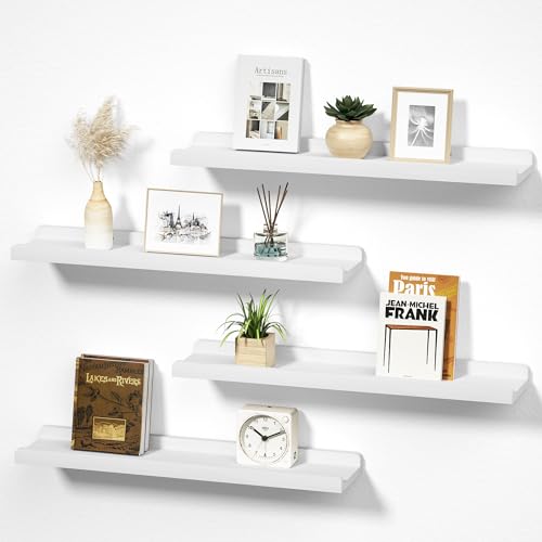 Love-KANKEI White Long Floating Shelves for Wall 24 Inch Set of 4, Rustic Wall Shelves with Lip,Wood Hanging Shelves for Bedroom Bathroom Living Room Kitchen Nursery Display
