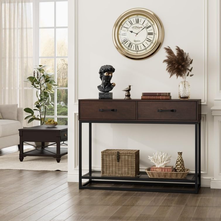 Console Table with 2 Drawers, Industrial 2 Tiers Entryway Sofa Table, Narrow Long Wood Console Table with Storage Shelves for Entryway,Living Room, Hallway. (Dark Brown)