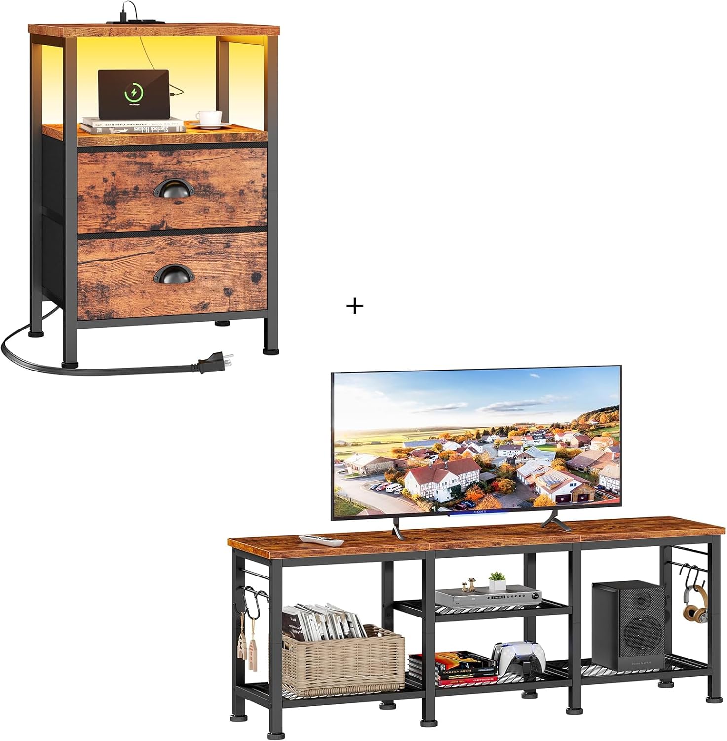 Furologee TV Stand and Nightstand, Entertainment Center with Open Storage Shelves, End Table with LED Lights and Charging Station, Side Table for Living Room/Bedroom