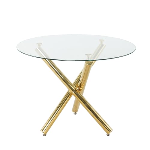 Round Glass Dining Room Table for 4 to 6 Person Modern Tempered Glass Top, Sturdy Chrome Legs, Adjustable Foot Pads, Kitchen Table for Living Room, Dining Room, Tea, Home, 47 Inch