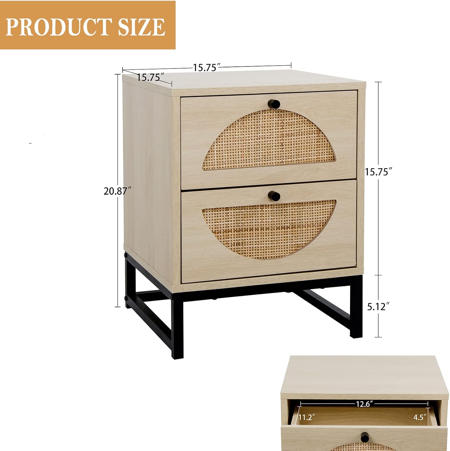 Modern Natural Nightstand with 2 Drawers Rattan Side Table End Table with Storage Elegant Wood Square Bedside Table for Bedroom Living Room Small Space（1 pack