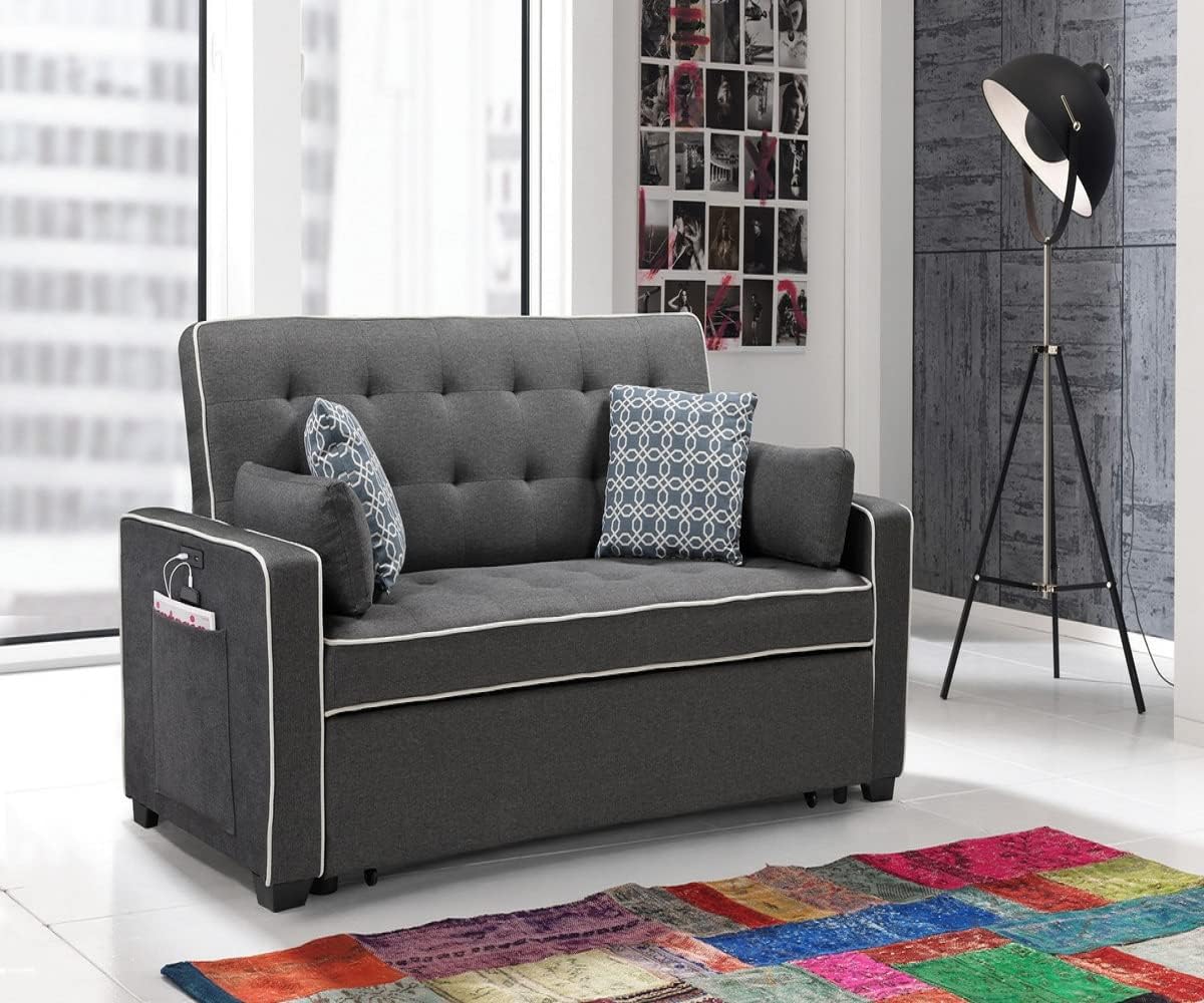 Metz Modern Gray/White Sleeper Sofa with 2 USB Charging Ports in Linen Fabric