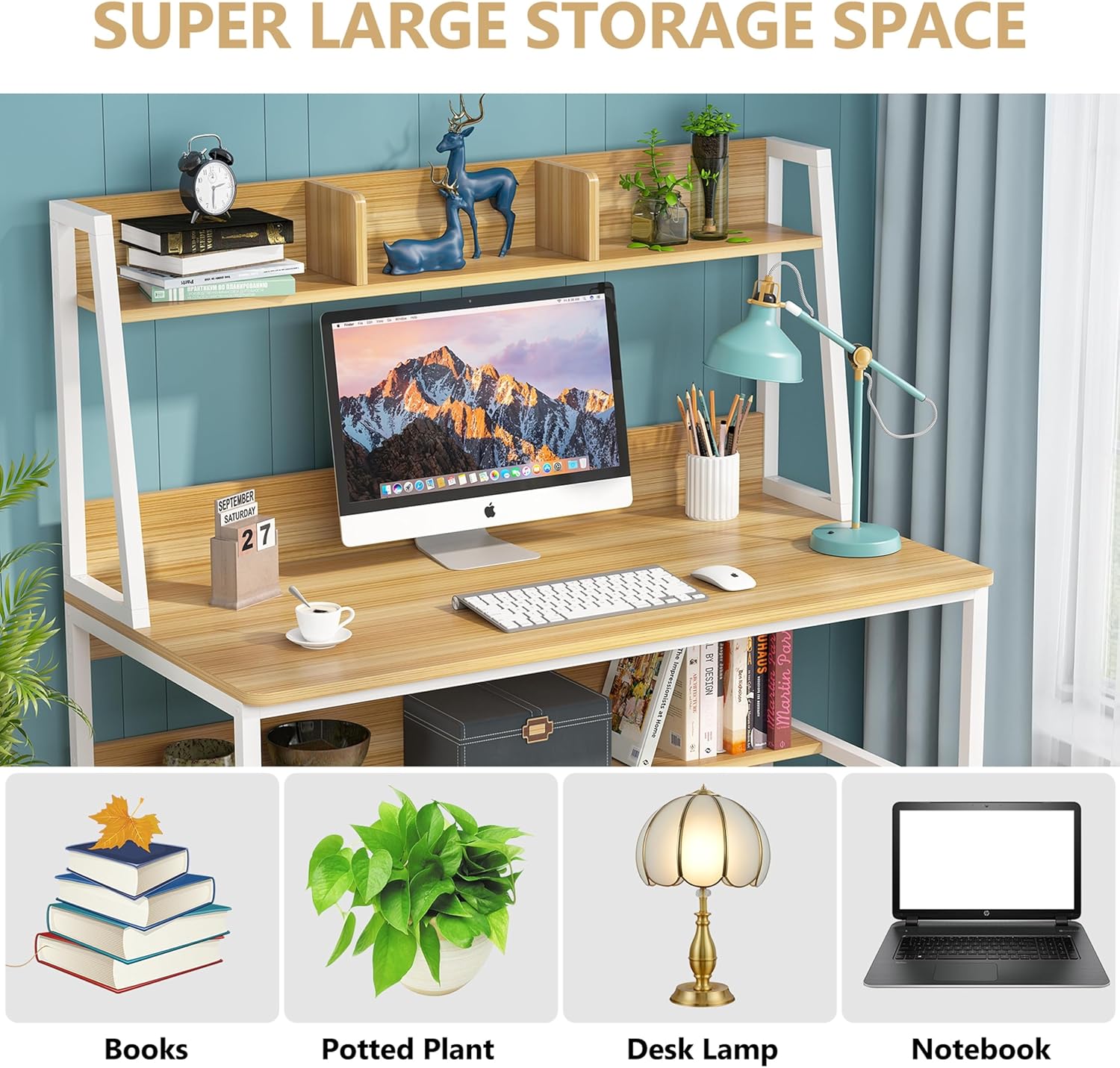 Overstock Computer Desk with Hutch and Bookshelf,Home Office Desk,Study Writing Table Light Walnut