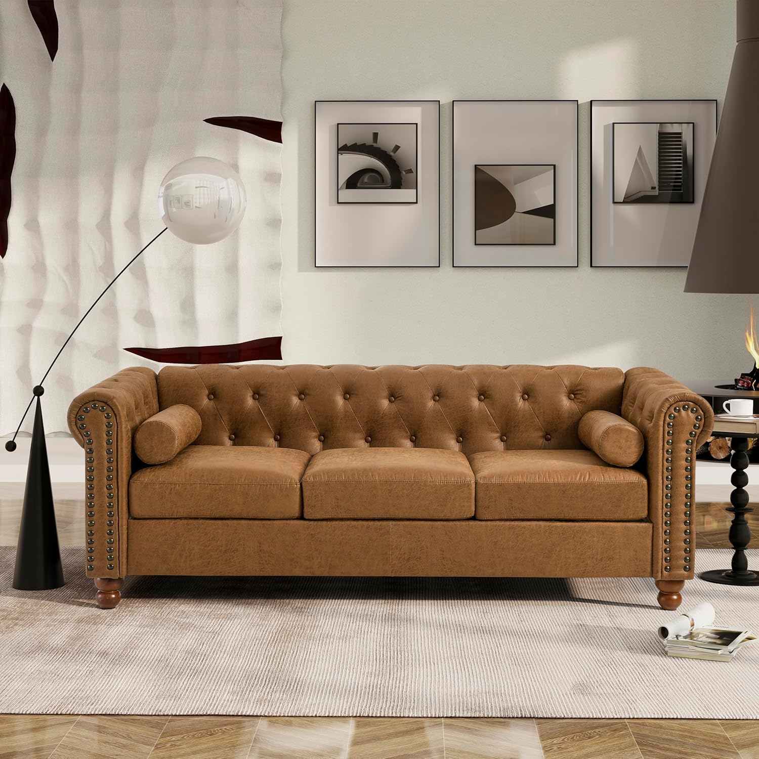 Classic Traditional Living Room Upholstered Sofa with high-tech Fabric Surface/Chesterfield Tufted Fabric Sofa Couch, Large-Brown