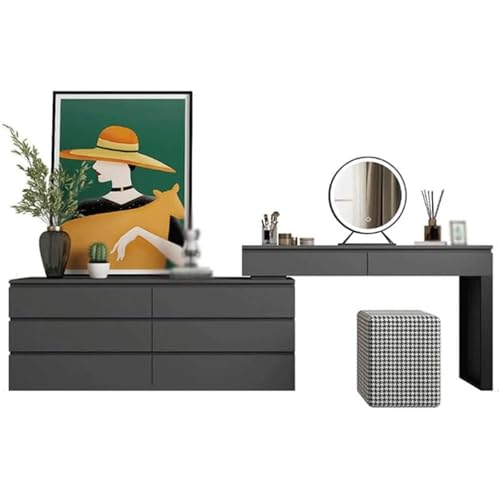 Hidden Handle Design Dressing Table Bedroom Makeup Vanity Set with LED Mirror and Cushion Stool Vanity Desk Bedside Storage Cabinet