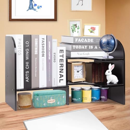 Wood Desktop Organizer, Adjustable Desktop Bookshelf Display Shelf Rack for Home Office School Desktop Storage Supplies Organization (Black)
