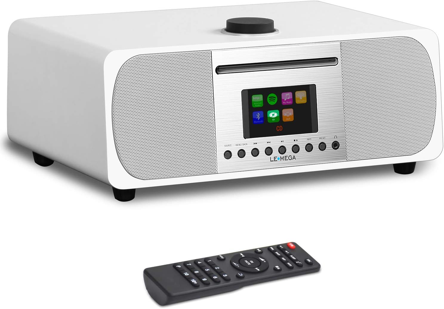 LMEGA M5+ All-in-One Music System CD Player,Internet Radio,FM Radio,WiFi,Spotify Connect,Bluetooth,Wooden Box,USB MP3,Headphone-Out,Clock&Alarms,Colour Display, Remote& app Control –White