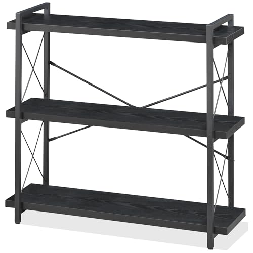 HCHQHS Bookshelf, 3-Tier Industrial Bookcase, Rustic Open Book Shelf, Freestanding Horizontal Bookshelves with Metal Frame