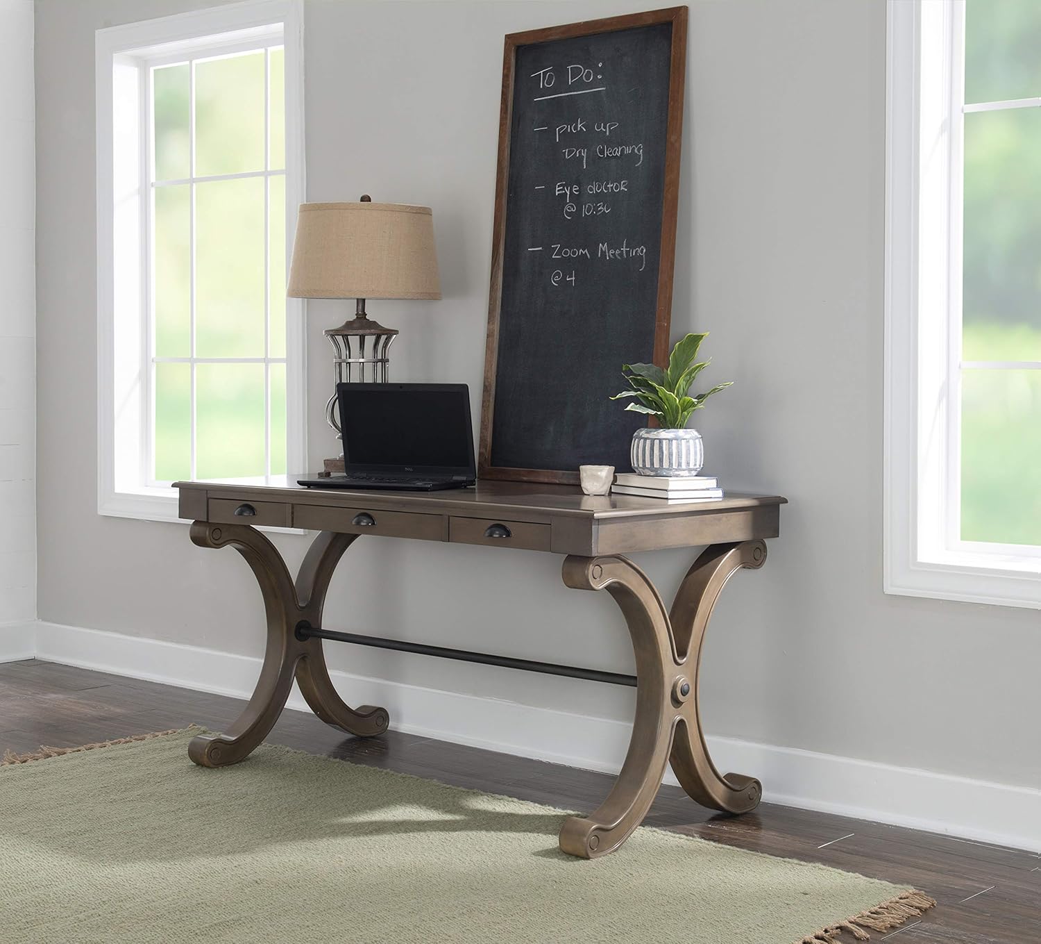 Three Drawer Grey Powell Flagler Desk, 56.25”W x 28.5”D x 30.25”H