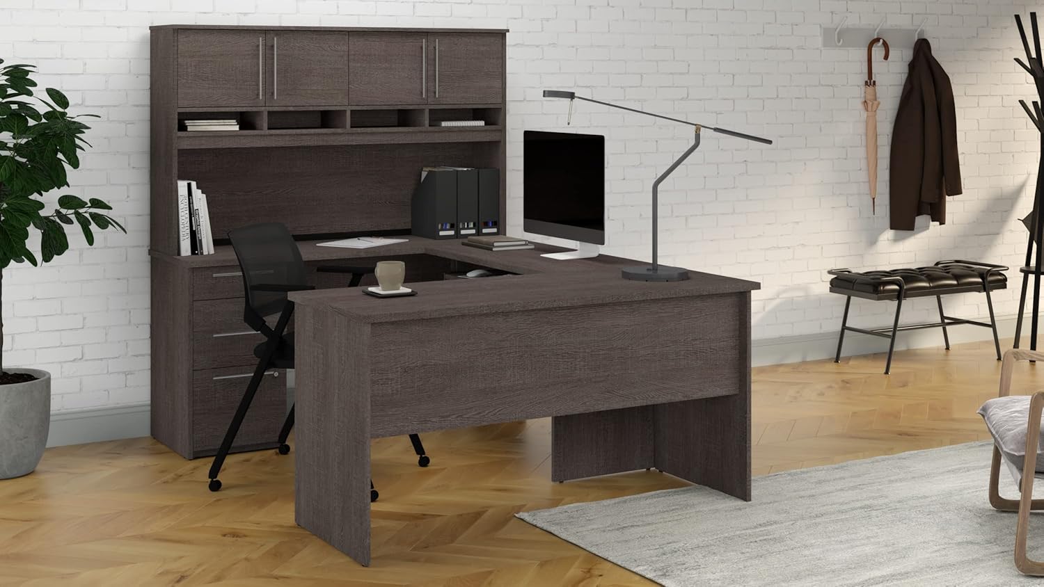 Bestar Innova U or L-Shaped Desk with Hutch, Bark Grey
