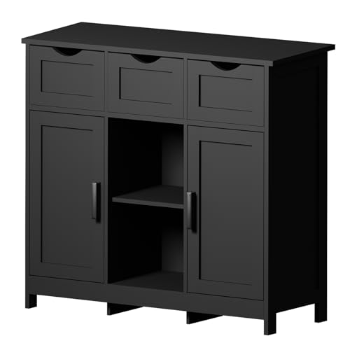 Wooden Bathroom Cabinet, Sideboard Floor Storage Cabinet with 3 Drawers, Open Shelf and 2 Cupboard, Freestanding Coffee Bar Cabinet for Living Room, Bathroom, Kitchen, 35.4