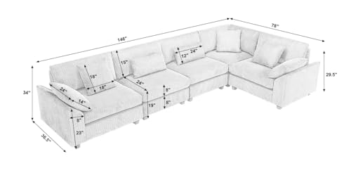 Yoglad 146’‘ Oversized Corduroy Modular Sectional Sofa, Comfy Deep 5 Seat Couch, L-Shaped Corner Sectional Couch with 5 Throw Pillow, Large Upholstered Furniture for Living Room (Beige)