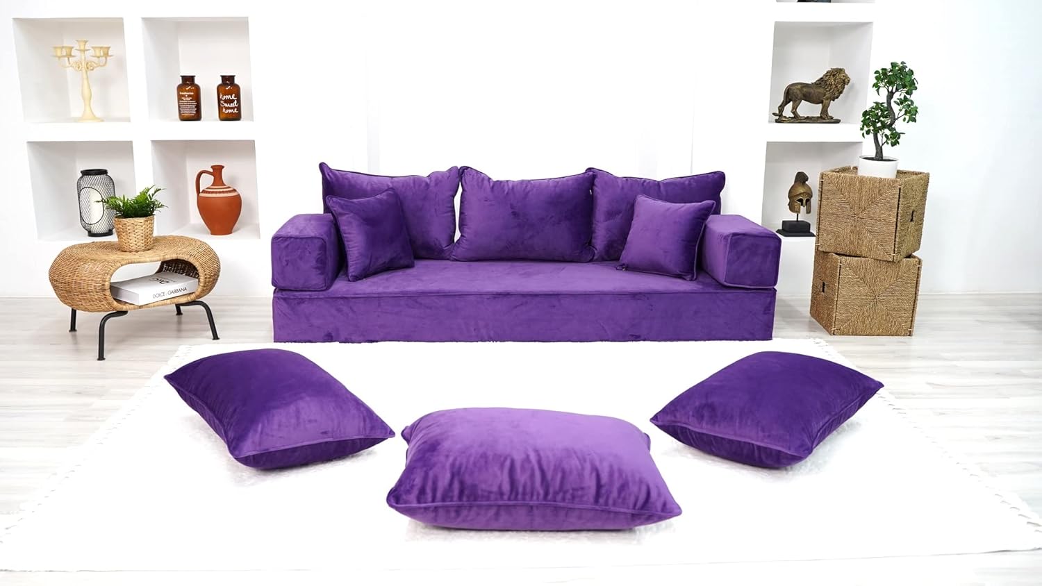 Velvet Floor Seating, Purple Color Floor Sofa, Velvet Floor Couch, Floor Cushions, Sectional Sofa, French Cushions, Fon Cushion, Window Seat (Sofa + Pillows, 8'' Thickness Sofa)