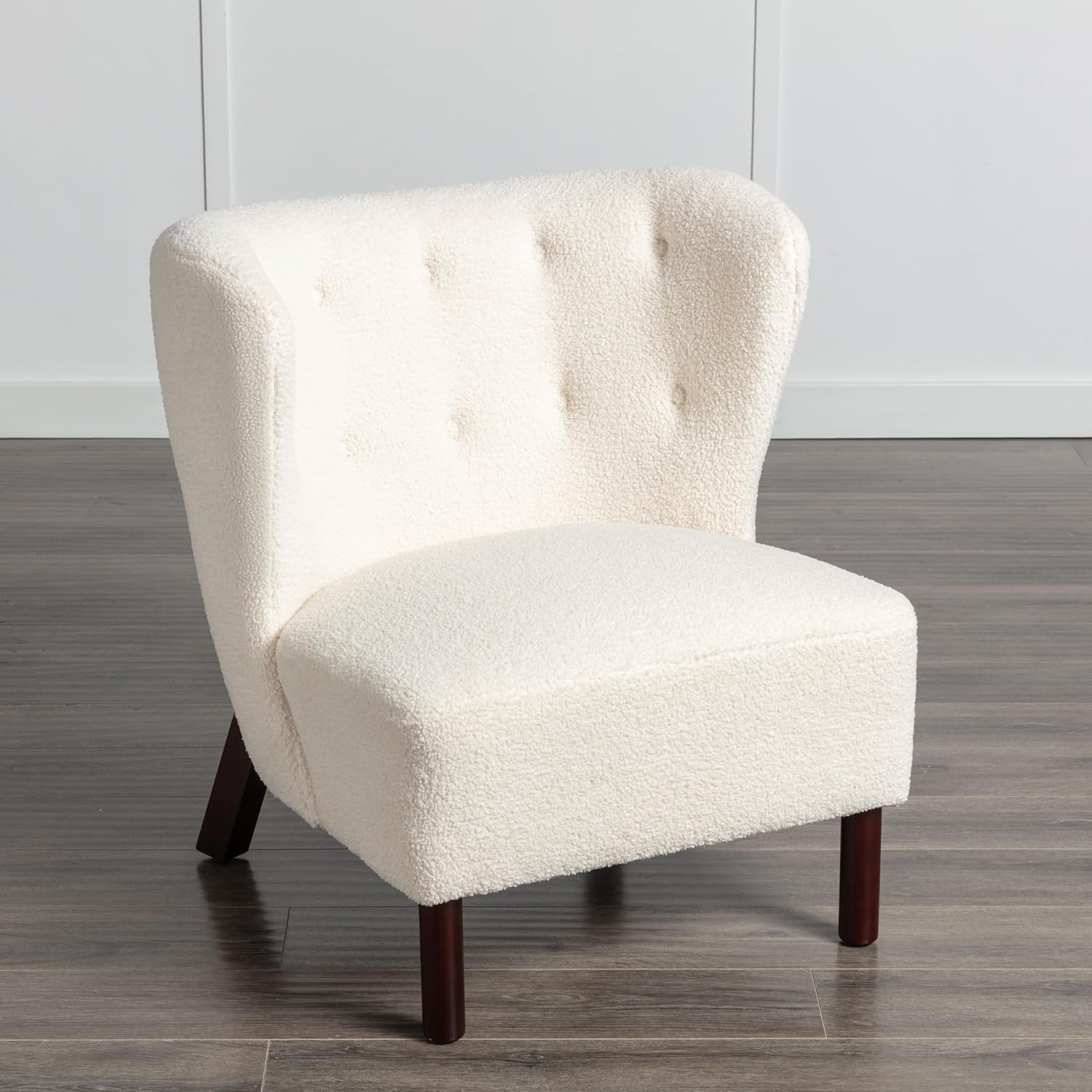 Accent Chair, Upholstered Armless Chair Lambskin Sherpa Single Sofa Chair with Wooden Legs, Modern Reading Chair for Living Room Bedroom Small Spaces Apartment, Cream