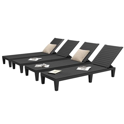 DWVO Outdoor Chaise Lounge, Pool Lounge Chair Set of 4, Waterproof & Easy Assembly Patio Lounge Chair for Garden, Pool, and Beach (Black)