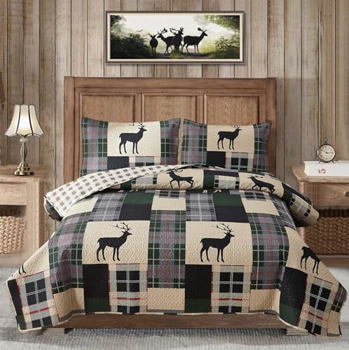MINCHI Lodge Quilt Set Twin Size Plaid Patchwork Rustic Cabin Bedding Moose Deer Printed Beige Gingham Grid Bedspread Coverlet Soft Lightweight Reversible All Season Bed Sheet, 1 Quilt 2 Pillow Shams