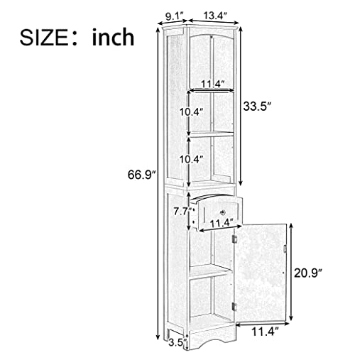 Tall Bathroom Cabinet,Narrow Storage Cabinet,Wooden Bathroom Cupboard with Door and Adjustable Shelf,Three Tier Shelves,Tall Slim Cabinet,Free Standing Linen Tower (Grey)