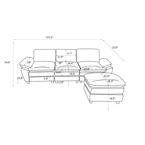 Sectional Sofa Modern Deep 3-Seat Sofa Couch with Ottoman, Sleeper Couch with Chaise Lounge for Living Room,Apartment,Studio, Office (Yellow, 3-Seater)