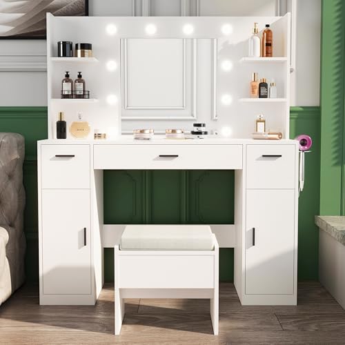 Vanity Desk, Make up Vanity Desk with Mirror and Lights, Vanity with Power Outlet and Stool, 3 Drawer 3 cabinets Storage Unit Dresser, Vanity with Lights 3 Models Settings for Bedroom (White)