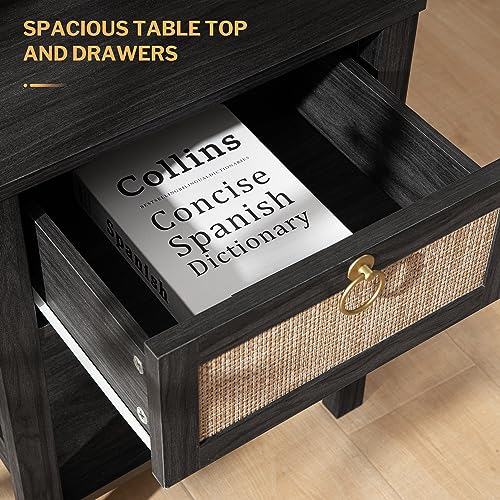 SICOTAS White Nightstand,Rattan Decor Drawer with Brass Knobs Night Stand Natural Wood Bedside Table Boho End Table Side Table with Storage Shelf