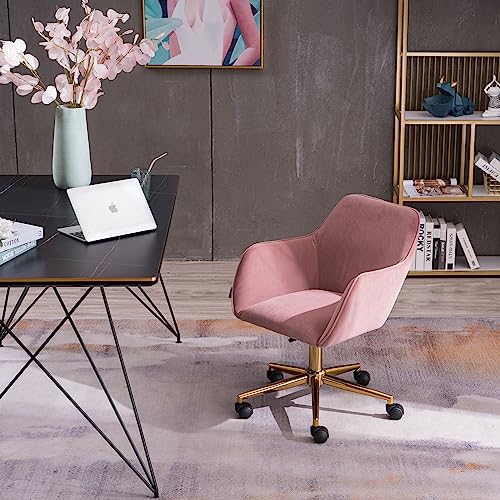 Modern Accent Chairs with Gold Metal Legs and Universal Wheels, Velvet Fabric Material Adjustable Height 360 revolving Home Office Chair for Reading, Living Room and Bedroom