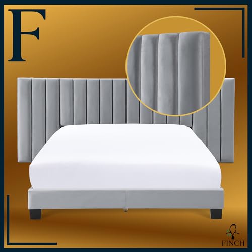 Finch Gramercy Modern Upholstered Platform Bed with Channel Tufted Extended Headboard, Mattress Foundation, No Box Springs Needed, Wood Frame Slats Support, King Size, Gray Velvet