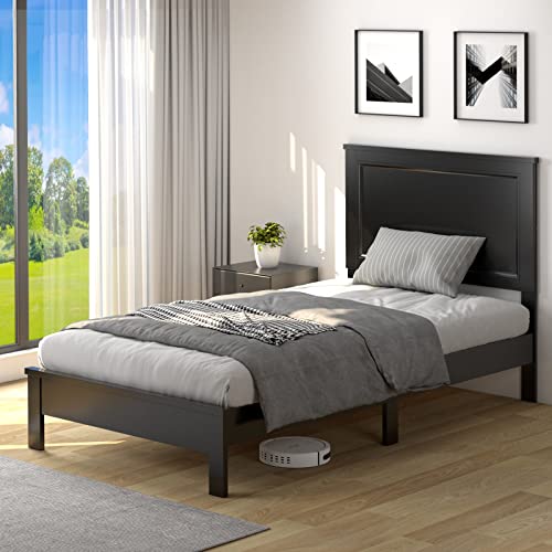 KOMFOTT Wood Twin Bed Frame with Headboard, Mid Century Platform Bed with Solid Wood Slats Support & Rubber Wood Legs, Slatted Bed Mattress Foundation, No Box Spring Needed, Easy Assembly
