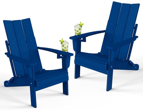 Folding Adirondack Chair with Cup Holder, Poly Lumber Patio Chairs, Wood Texture, Pre-Assembled Weather Resistant Outdoor Chairs for Pool, Deck, Backyard, Garden, Fire Pit Seating, Weathered Wood