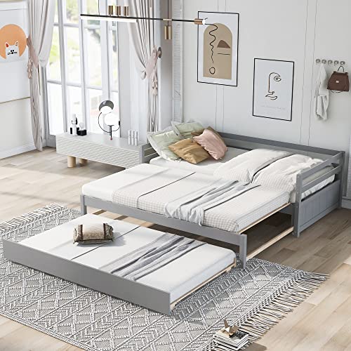 Twin Daybed with Trundle, Twin to King Bed with Trundle, Extendable Daybed with Trundle, Twin or Double Twin Daybed with Trundle for Bedroom Living Room Guest Room, Grey