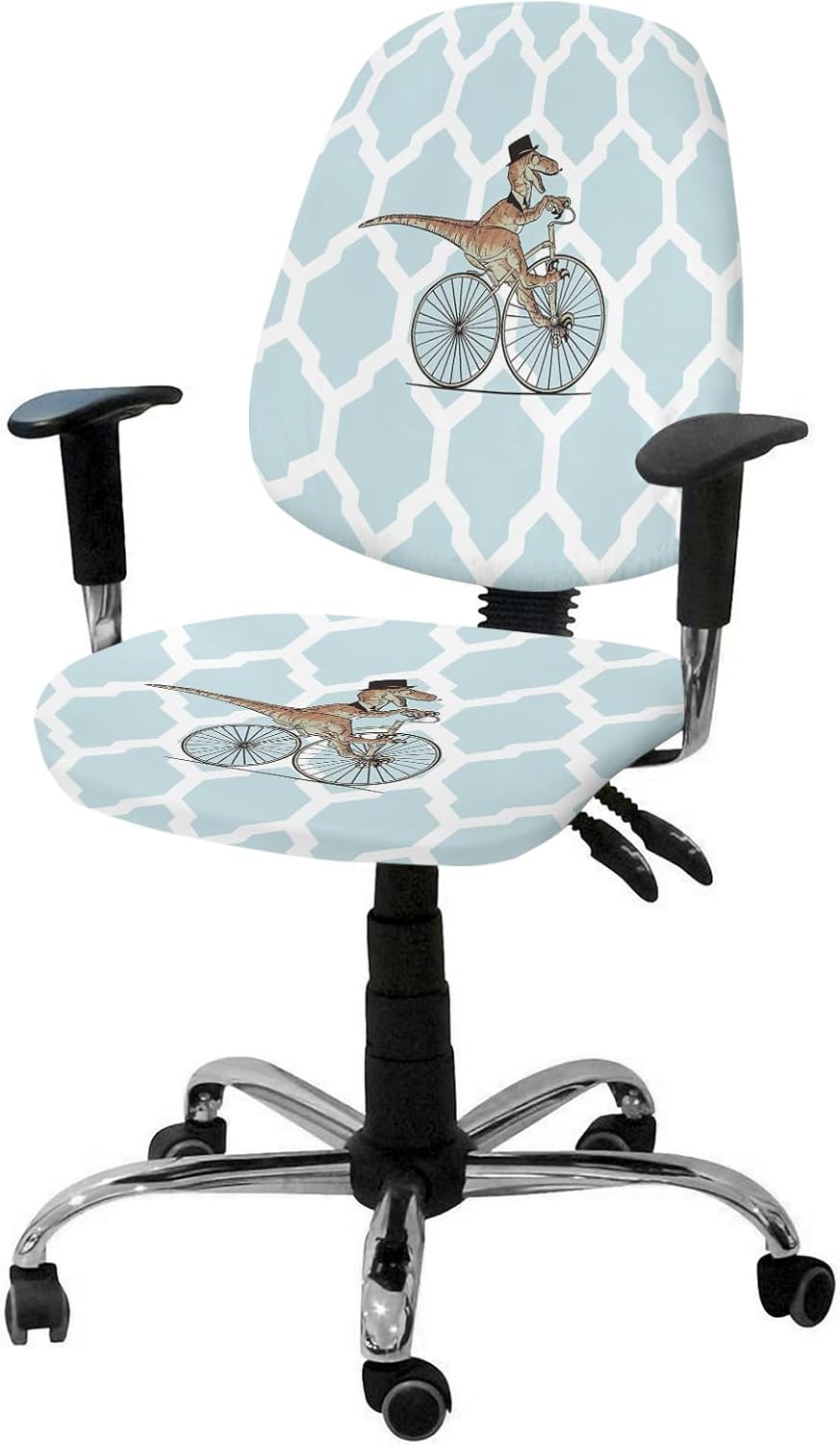 Office Chair Seat Cover, Cartoon Dinosaur Gentleman Riding a Bike Morocco Geometric Pattern Blue,Fit Desk Computer Office Chair Slipcover Stretchable Chair Covers for Bedroom, Set of 1