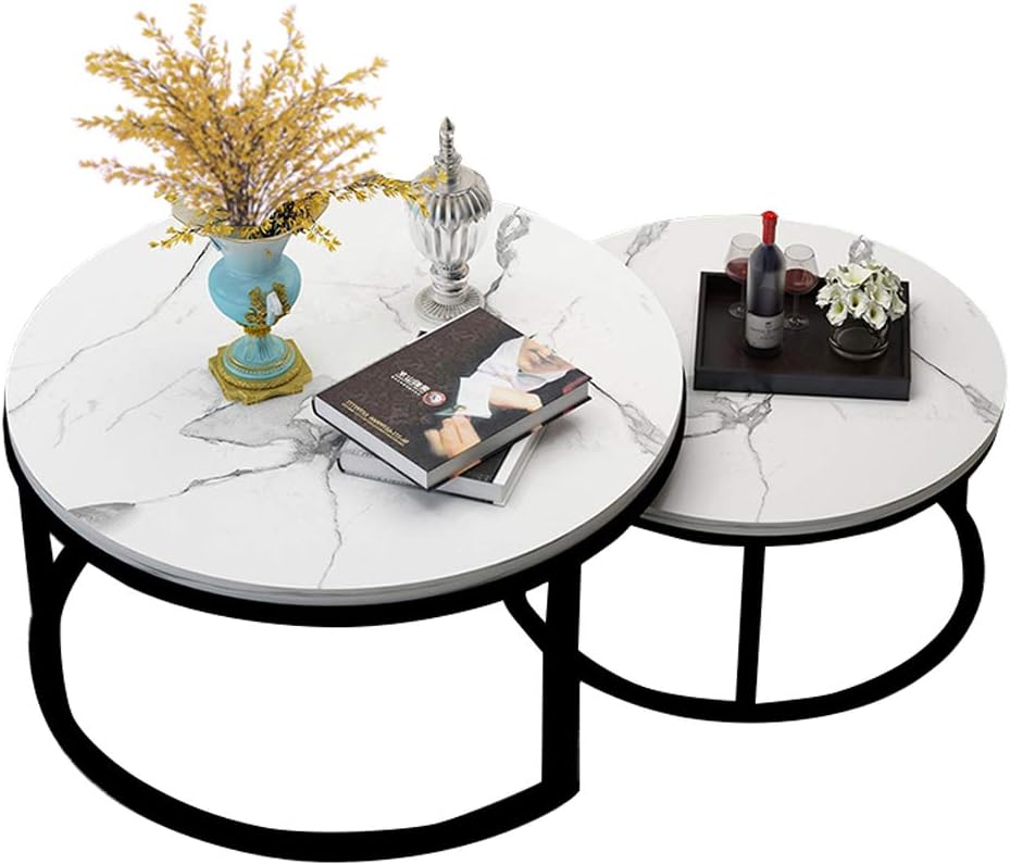Coffee Table Marble Set - Side Table Set of 2 - Nest of Tables as Living Room/Sofa/Bedroom/Hallway/Office Waiting Table (70cm Large and 55cm Small)