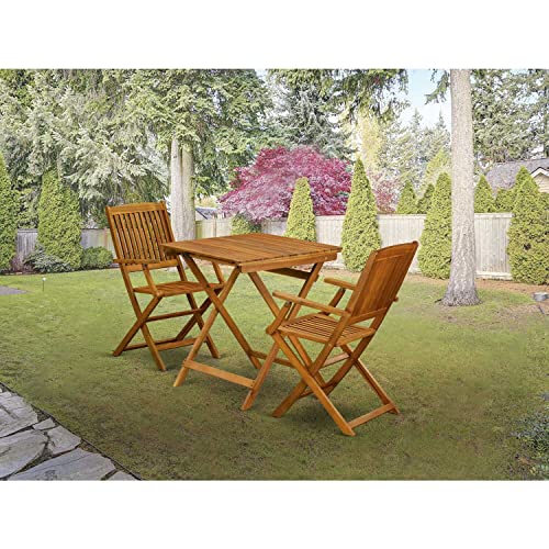 East West Furniture Selma 3 Piece Patio Bistro Set Contains a Square Outdoor Acacia Wood Coffee Table and 2 Folding Arm Chairs, 26x26 Inch, Natural Oil