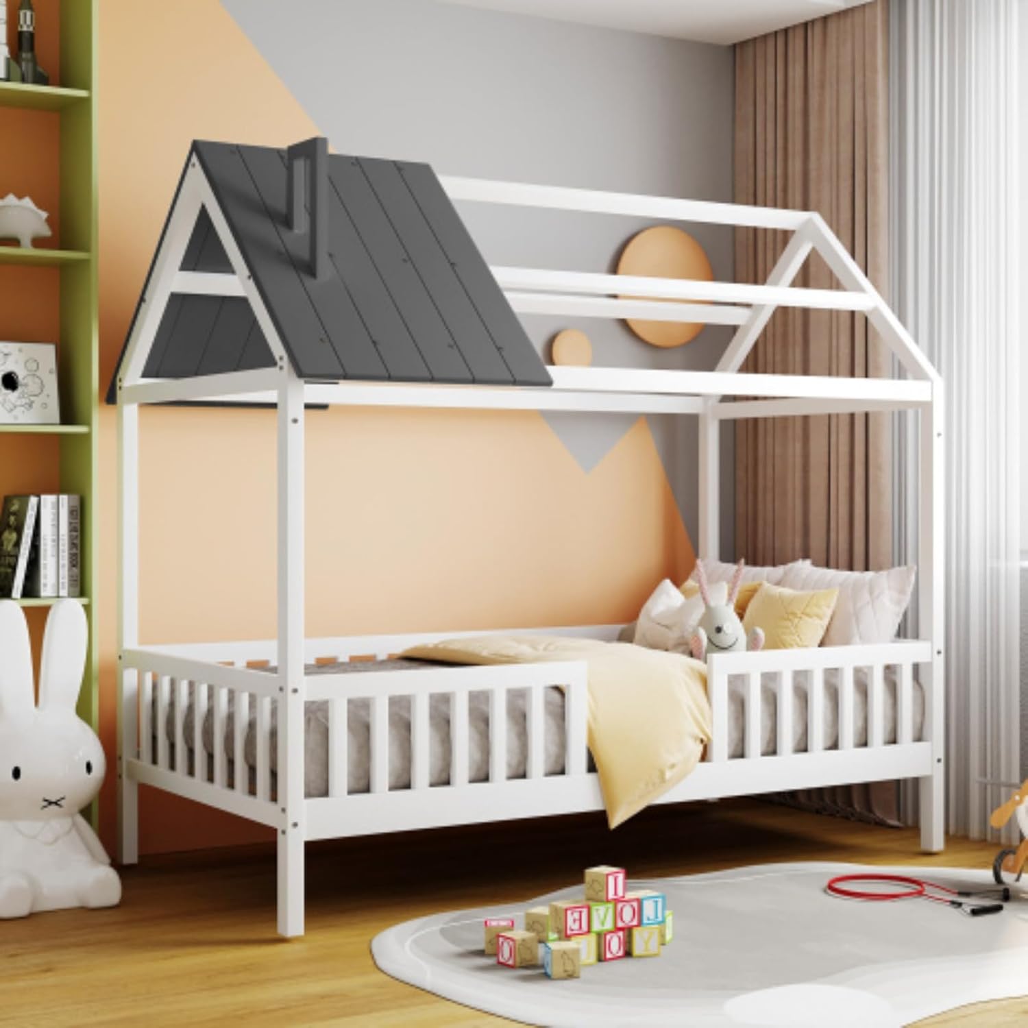 Modern, double log cabin bed with rooftop safety fence, decoratable, white + grey