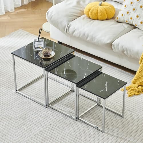 Nest of Tables Set of 3,Nesting Coffee Tables, Square Top Side Table End Tables with Metal Frame for Living Room, Bedroom, Office