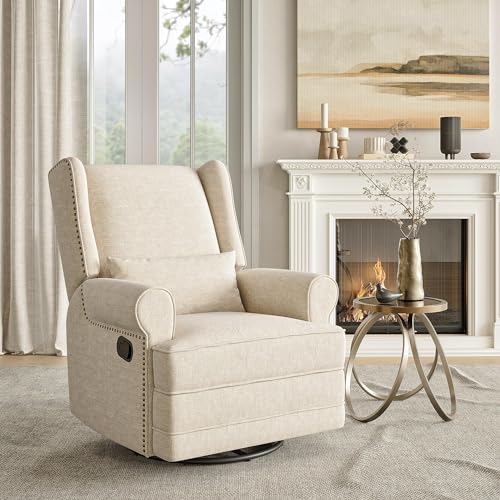 Kiss the Water Swivel Recliner Chair with Adjustable Back and Footrest, Comfy Rocker Recliner Chair with Carbon Steel Base, Glider Recliner Nursery Chair for Living Room, Bedroom, Nursery, Beige
