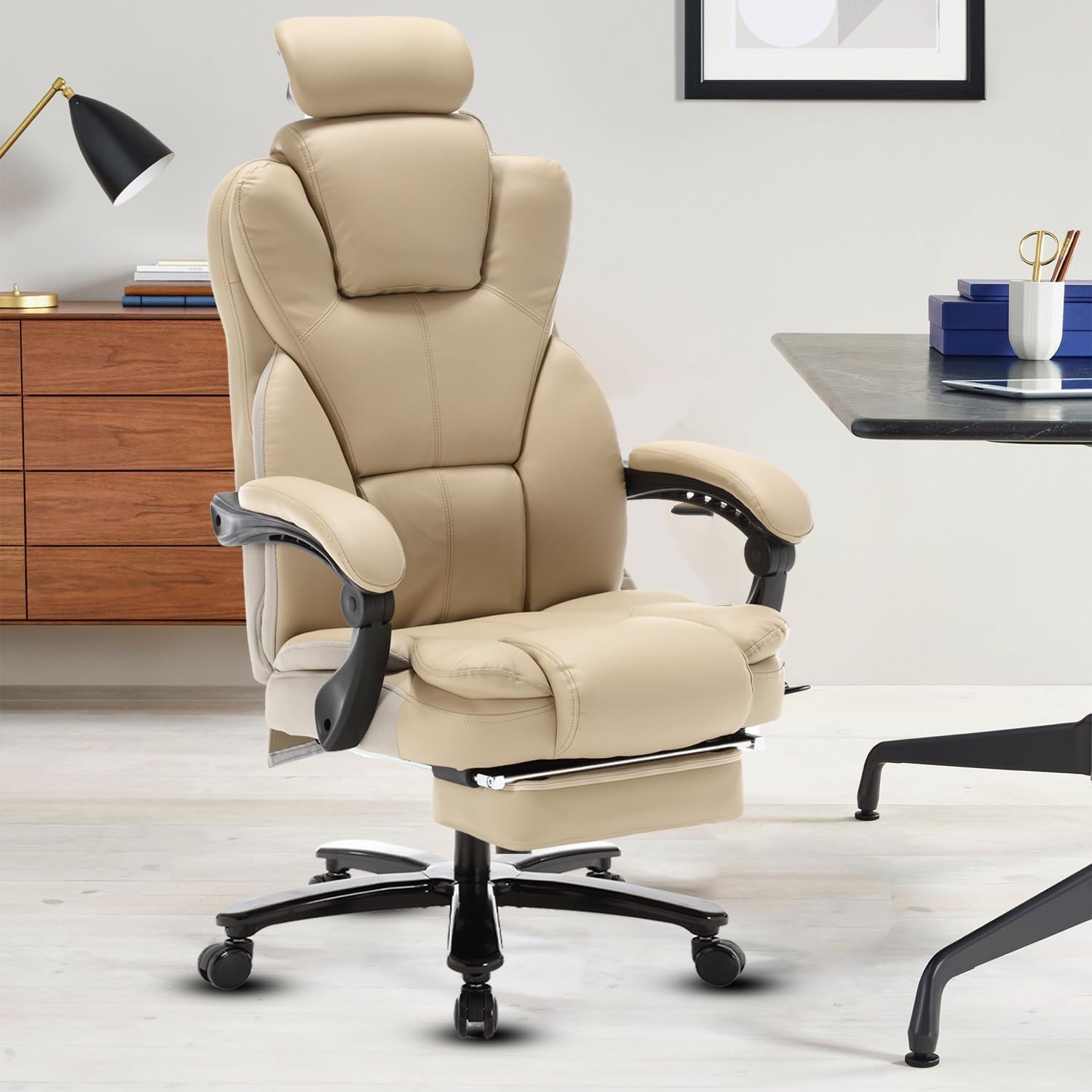 linting High Back 400lbs Big and Tall Reclining Executive Office Chairs with Footrest Headrest, Ergonomic Comfortable Leather Recliner Desk Chairs, Plus Size Managerial Executive Chairs, Beige