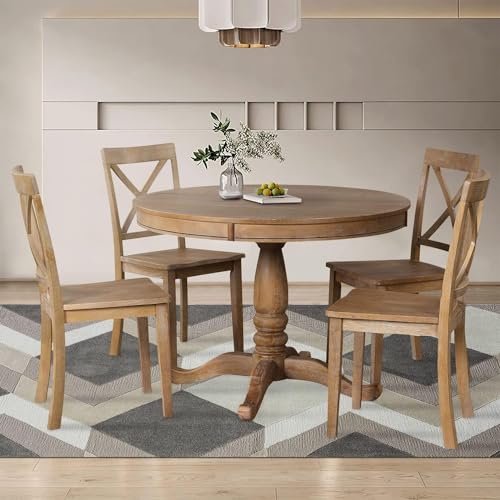 Round Dining Table Set for 4 6, Extendable Dining Table 5-Piece, Wood Dining Table Set with 4 Cross Back Chair Set, Dining Room Table Set for Kitchen,Dinette,Breakfast Nook