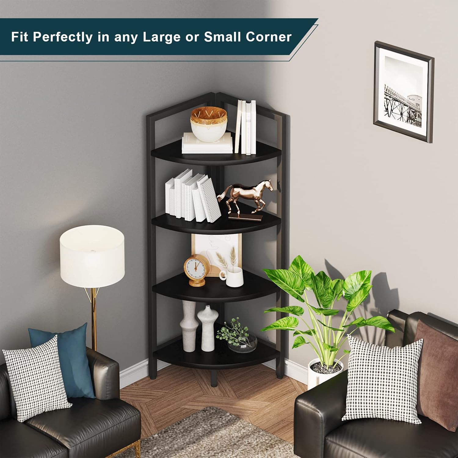 SAYGOER Black Oval Coffee Table and Black Corner Bookshelf