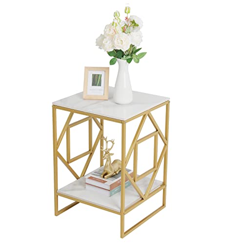 Wisfor Sintered Stone End Table: 2 Tier Square White Small Coffee Table with Gold Frame - Modern Sofa Storage Side Table - Bedside Nightstand for Living Room Bedroom