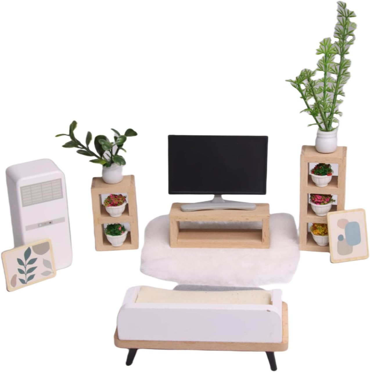 TIANFEI 18 PCS Wooden Dollhouse Furniture and Accessories, Miniature Sofas, TV Cabinets, Air Conditioner, Carpet and Modern Dollhouse Living Room Decorations, Miniature Furniture Set for Teenager