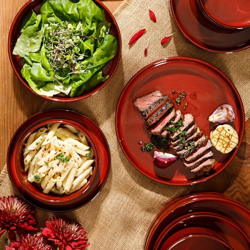 Oprah's Favorite Things - Santorini Mist Double Bowl Terracotta Reactive Glaze Plates and Bowls Dinnerware Set - Amber, Service for Four (16pcs)