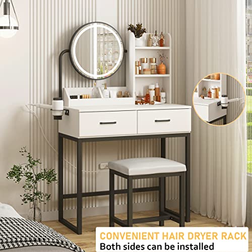 Makeup Vanity Desk with Round Mirror and Lights, White Vanity Makeup Table with Hair Dryer Rack, Small Vanity Table for Bedroom with Lots Storage (Brown and Black, 15.75 * 31.5 * 53.6in)