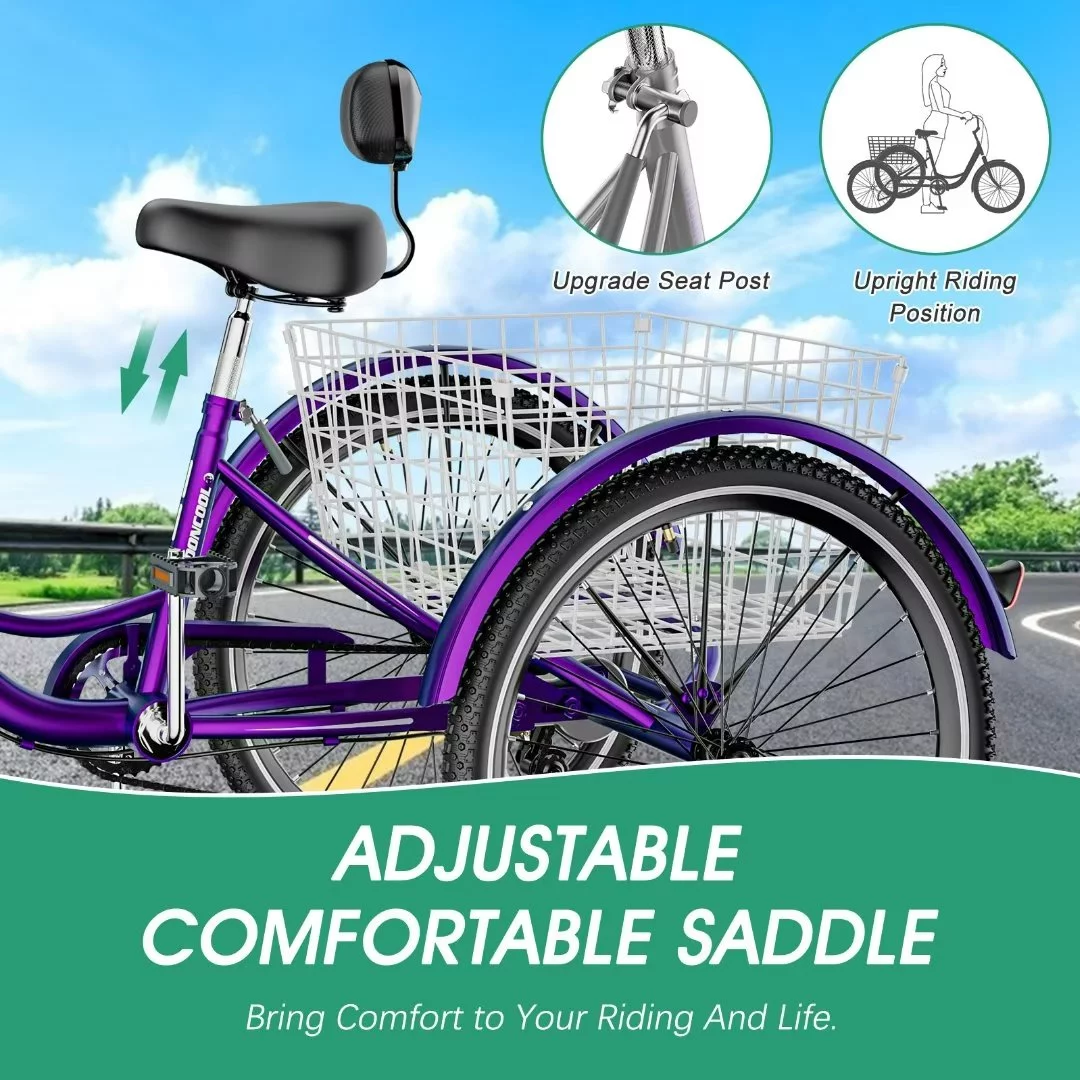 24Inch Adult Electric Tricycles 3 Wheel Electric Bike for Adult, 15.5 mph 500W Electric Trikes for Seniors，7-Speed & 4 Adjustable Riding Modes Electric Tricycle with 36V Removable Lithium Battery